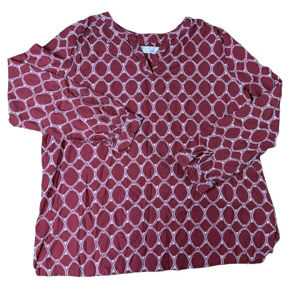 Time And Tru Womens Long Sleeve Blouse Red Rum Circle Print Size L 12-14 Cotton - Picture 1 of 6